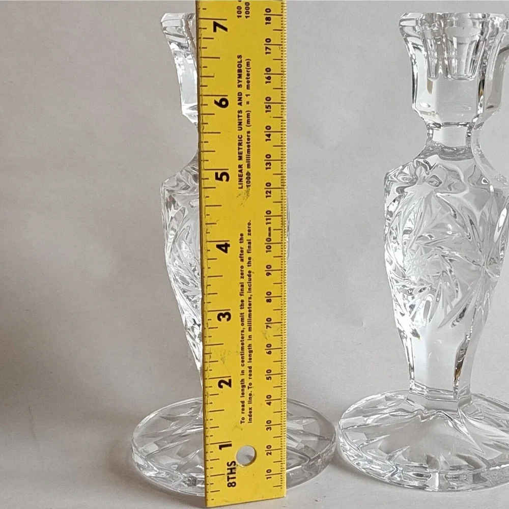 Vintage Pair Hobstar Heavy Crystal Glass Candlesticks Candleholders 7